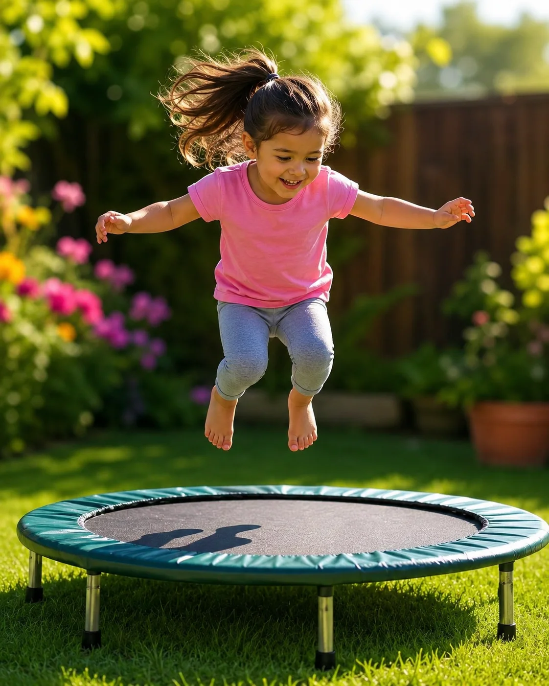 Niña saltando en un trampolín: actividad de movimiento y descarga de energía