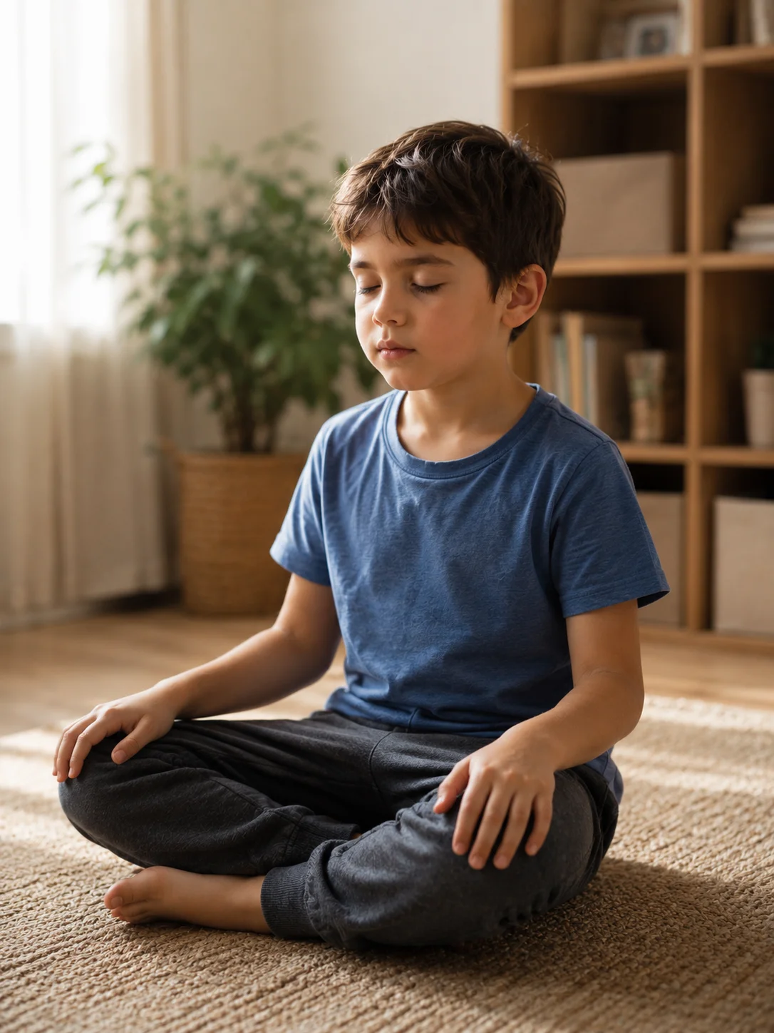 Niño sentado respirando con los ojos cerrados: ejercicio de regulación emocional
