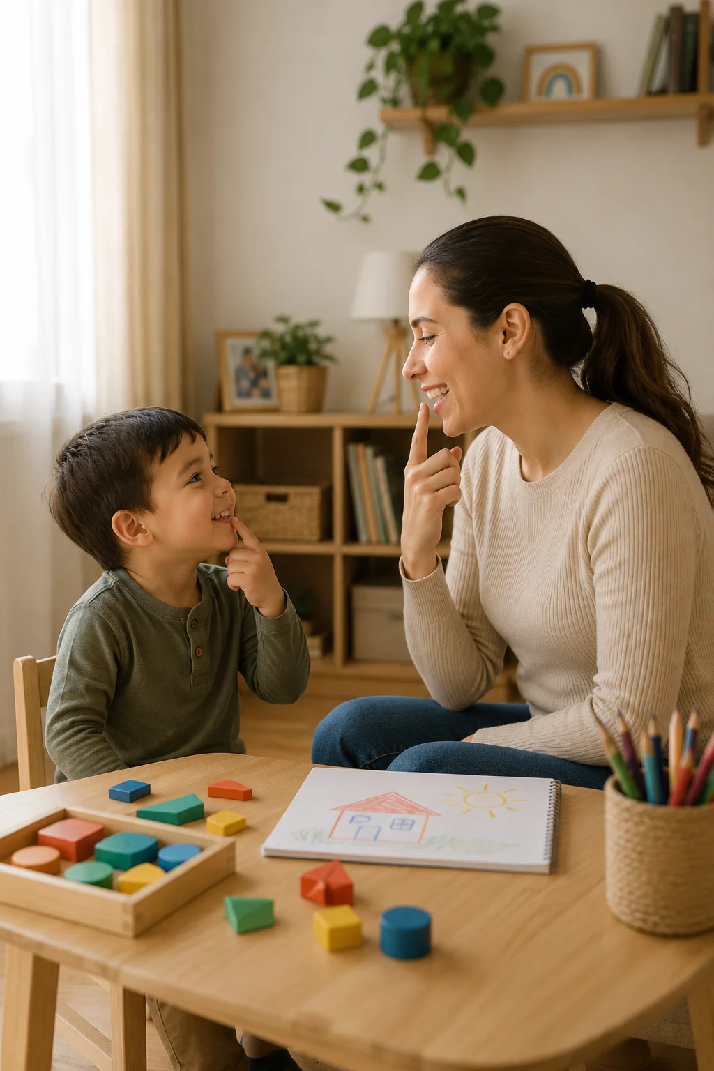 Madre e hijo trabajando juntos con bloques y dibujos en la mesa