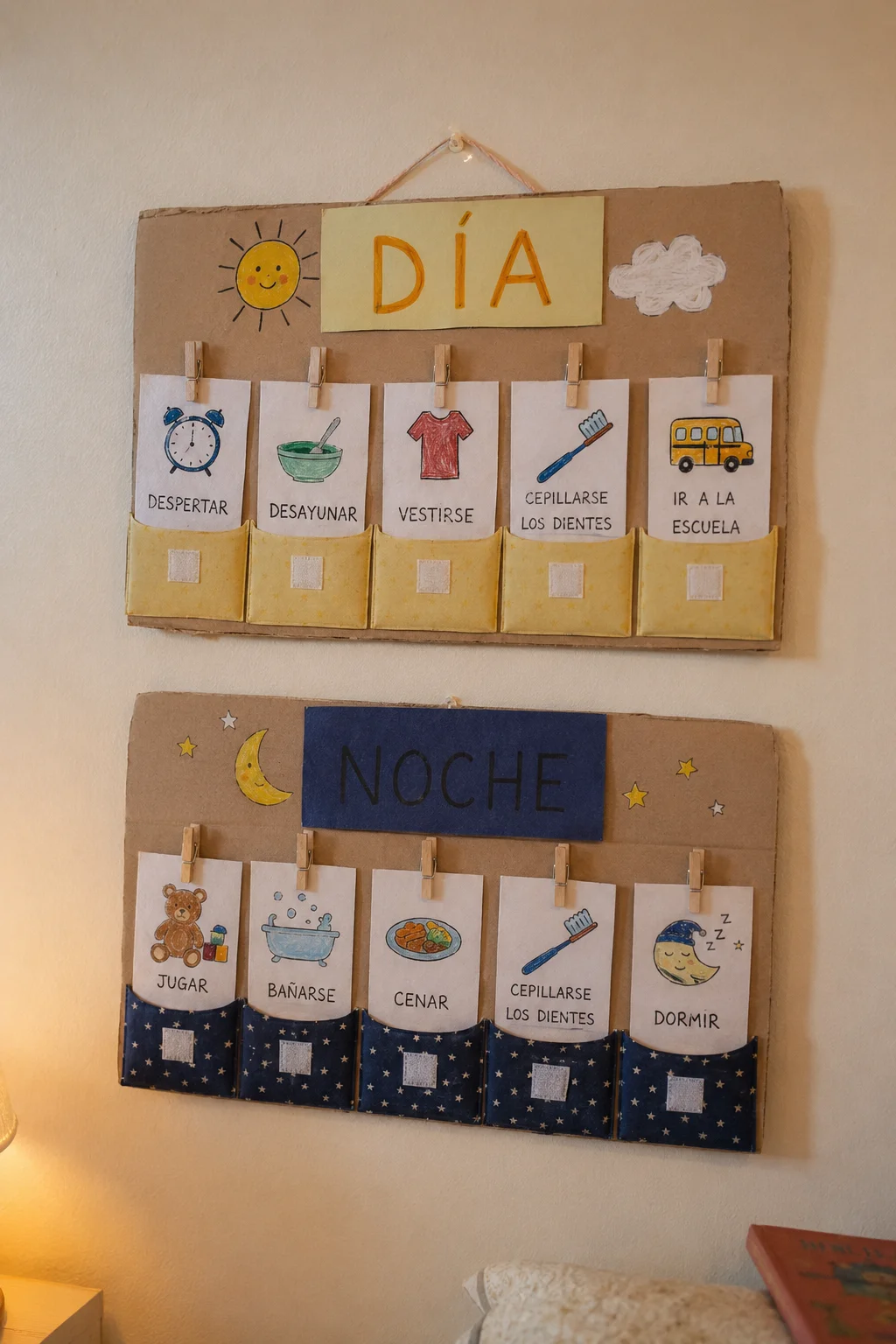 Tablero de rutina visual con tarjetas de día y noche