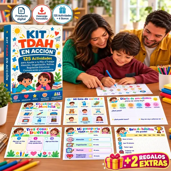Kit TDAH en Acción: producto digital con 125 actividades, 4 bonos y 2 regalos extra, para niños de 6 a 12 años