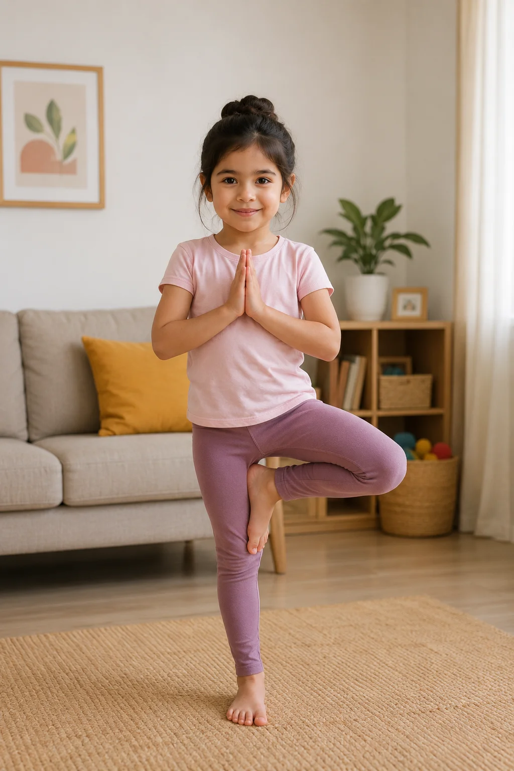 Niña haciendo una postura de equilibrio en casa: ejercicio de calma y atención