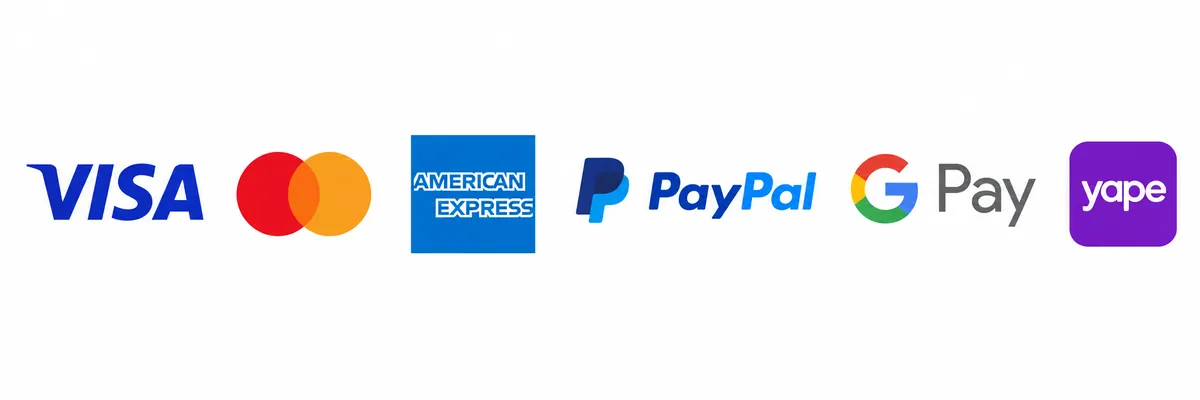 Medios de pago aceptados: Visa, Mastercard, American Express, PayPal, Google Pay y Yape