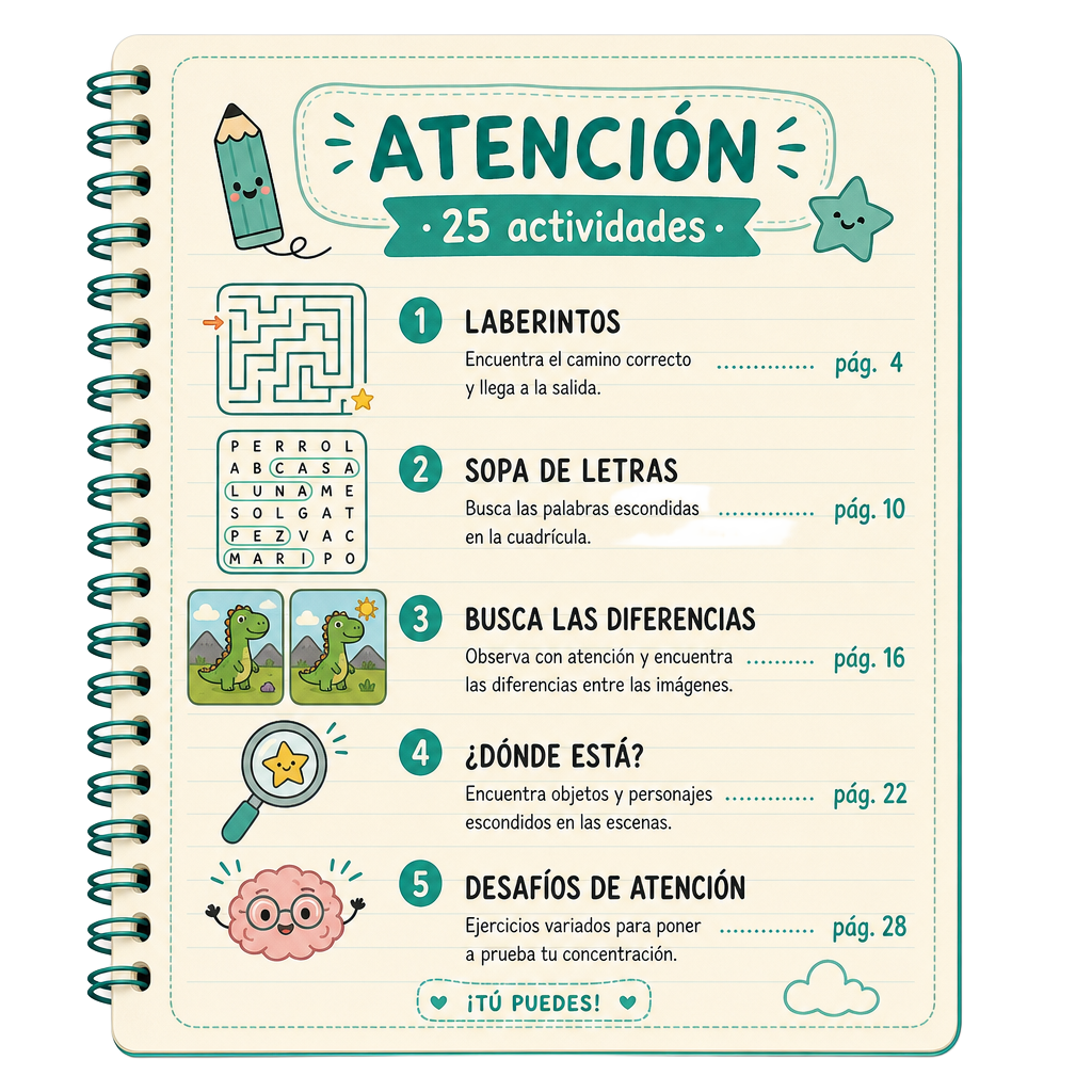 Página interior del bloque de Atención con laberintos y sopa de letras